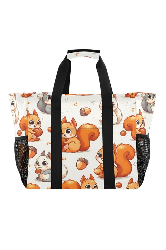Reusable Grocery Bags with Handle Side Pocket Waterproof Shopping Portable Tote Cute Squirrel Hold Pine Nut