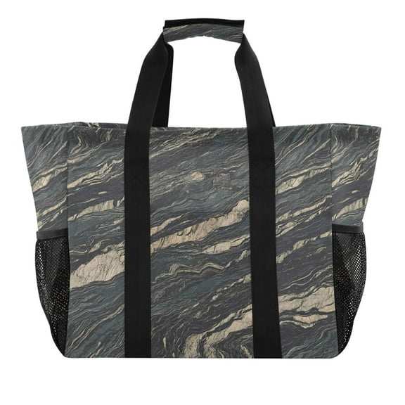 Reusable Grocery Bags with Handle Side Pocket Waterproof Shopping Portable Tote Elegant Black Marble