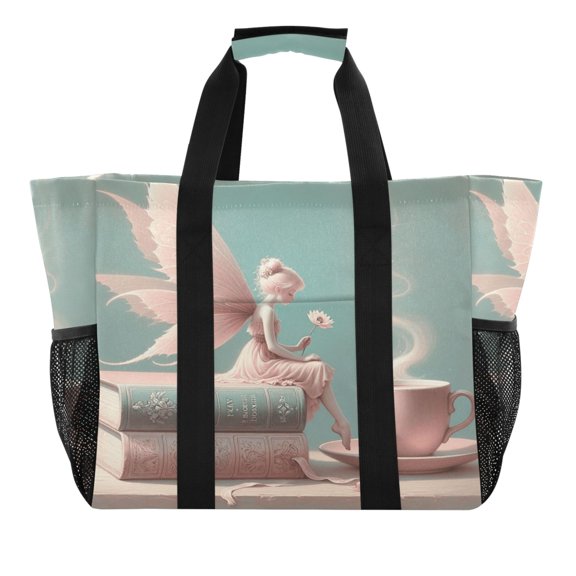 Reusable Grocery Bags with Handle Side Pocket Waterproof Shopping Portable Tote Fairy on Book with Coffee