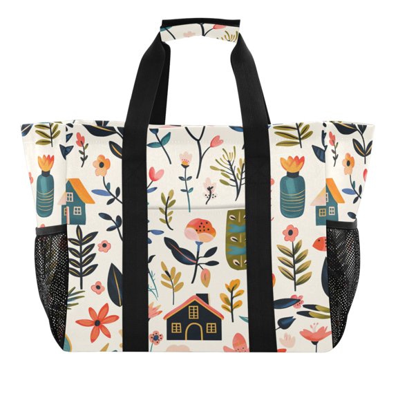 Reusable Grocery Bags with Handle Side Pocket Waterproof Shopping Portable Tote Flower House Leaves