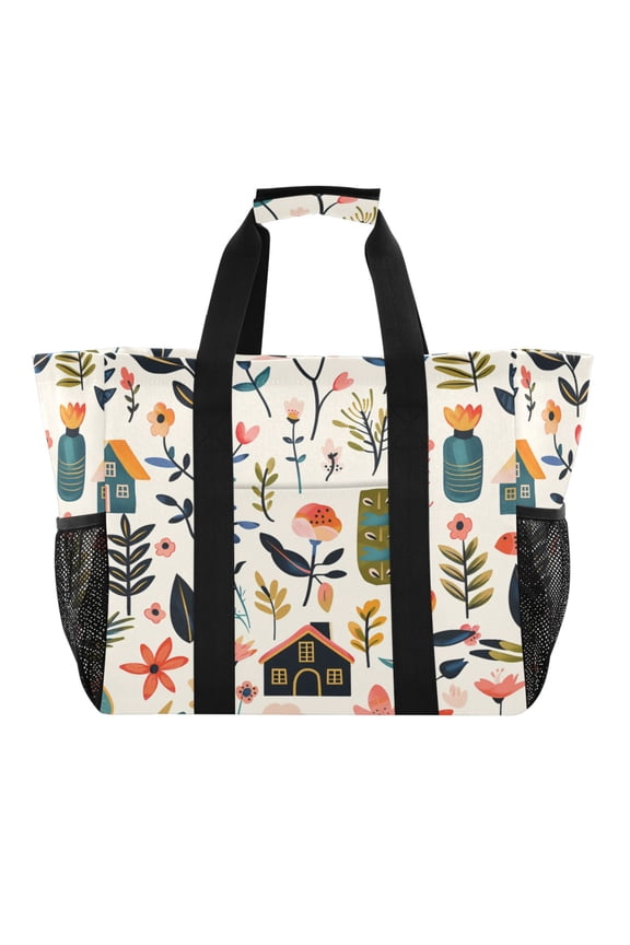 Reusable Grocery Bags with Handle Side Pocket Waterproof Shopping Portable Tote Flower House Leaves