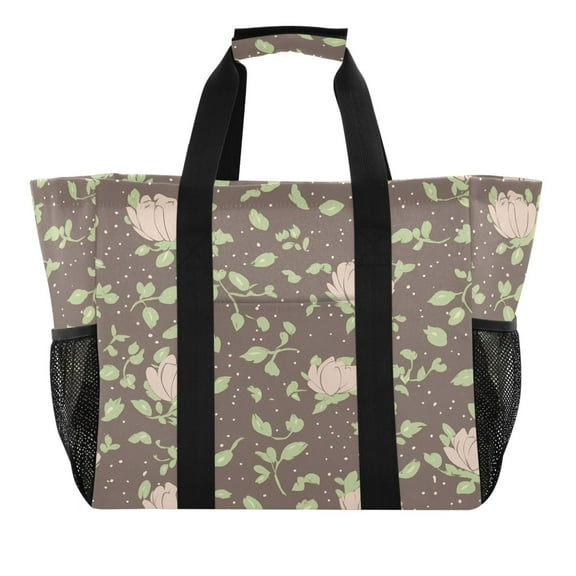 Reusable Grocery Bags with Handle Side Pocket Waterproof Shopping Portable Tote Green Leaves Small Roses