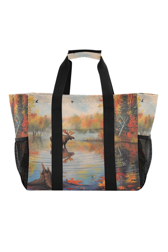 Reusable Grocery Bags with Handle Side Pocket Waterproof Shopping Portable Tote Moose Standing in Water