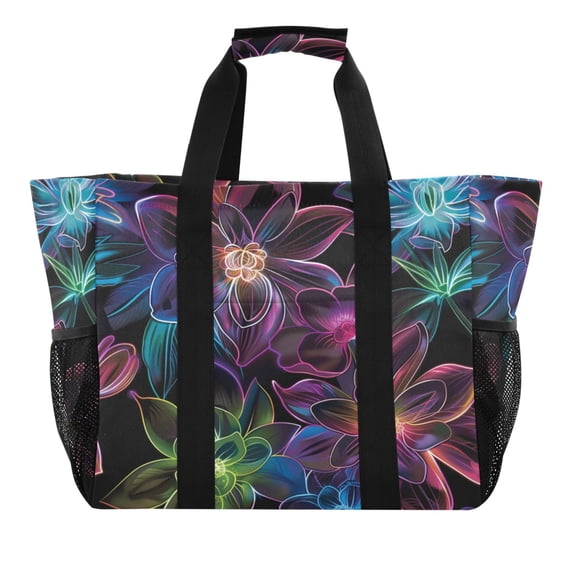 Reusable Grocery Bags with Handle Side Pocket Waterproof Shopping Portable Tote Neon Flowers