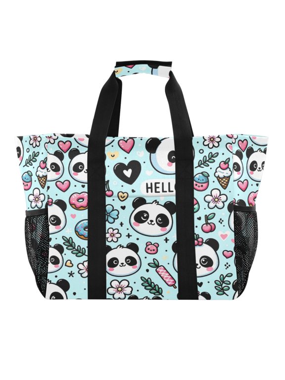 Reusable Grocery Bags with Handle Side Pocket Waterproof Shopping Portable Tote Panda Face Flower Doughnut