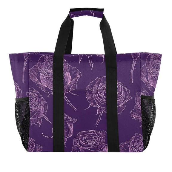 Reusable Grocery Bags with Handle Side Pocket Waterproof Shopping Portable Tote Purple Rose Line Art