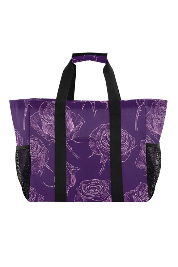 Reusable Grocery Bags with Handle Side Pocket Waterproof Shopping Portable Tote Purple Rose Line Art