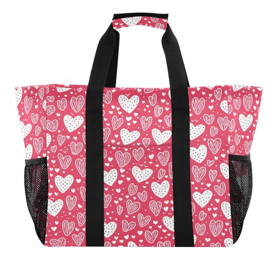 Reusable Grocery Bags with Handle Side Pocket Waterproof Shopping Portable Tote Red Doodled Hearts