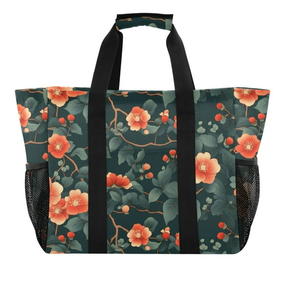 Reusable Grocery Bags with Handle Side Pocket Waterproof Shopping Portable Tote Red Flower and Green Leaf