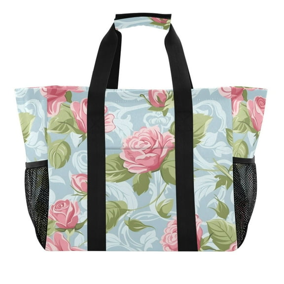 Reusable Grocery Bags with Handle Side Pocket Waterproof Shopping Portable Tote Rose and Leaves