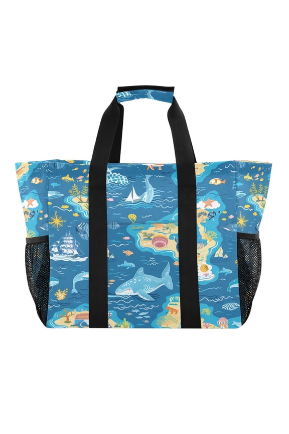 Reusable Grocery Bags with Handle Side Pocket Waterproof Shopping Portable Tote Sea Islands Fish Ship