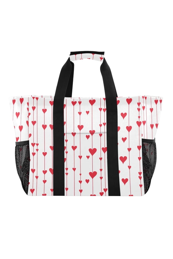 Reusable Grocery Bags with Handle Side Pocket Waterproof Shopping Portable Tote Vertical Stripes Of Hearts