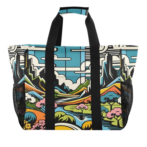 Reusable Grocery Bags with Handle Side Pocket Waterproof Shopping Portable Tote Vibrant Woodblock Landscapes