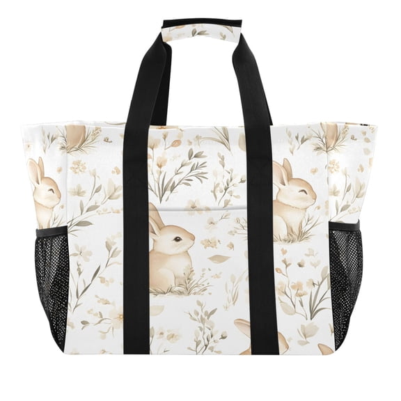 Reusable Grocery Bags with Handle Side Pocket Waterproof Shopping Portable Tote Watercolor Cute Rabbit and Flower
