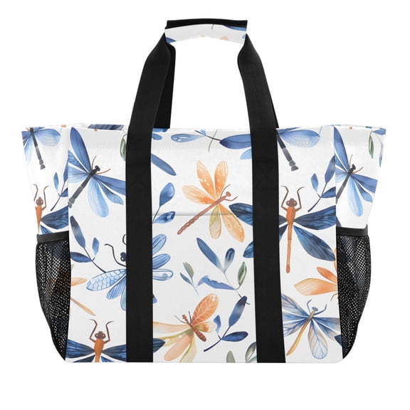 Reusable Grocery Bags with Handle Side Pocket Waterproof Shopping Portable Tote Watercolor Dragonflies