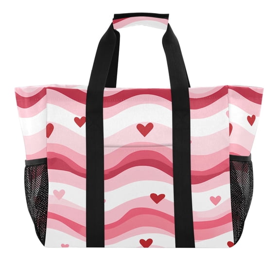 Reusable Grocery Bags with Handle Side Pocket Waterproof Shopping Portable Tote Wavy Lines and Heart