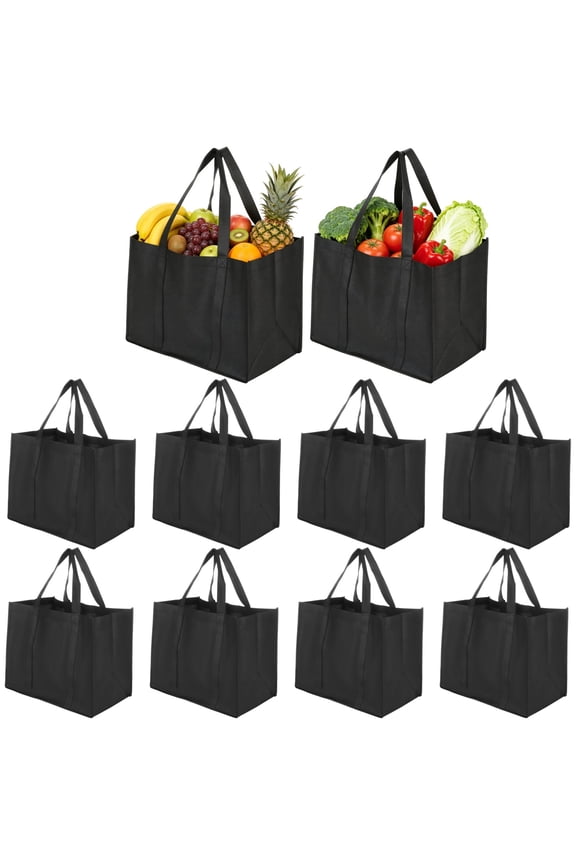 10 PCS Reusable Grocery Bags, 35 L Large Shopping Bags with Long Handles, Foldable Non-Woven Tote Bags, Washable Grocery Bags for Supermarket Storage Car Trunk Organization