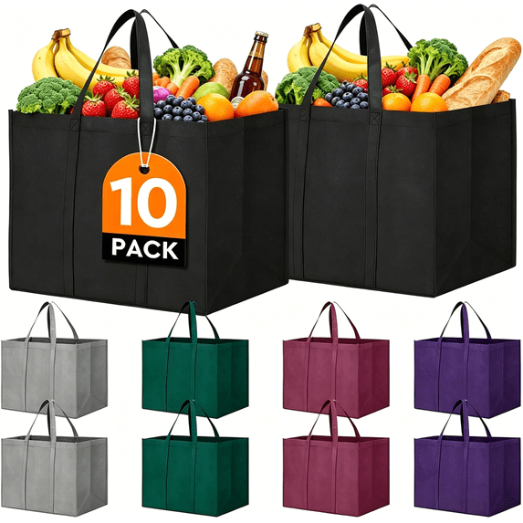 Reusable Grocery Shopping Bags 10 Pack Large Foldable Tote Bags Bulk,Eco Produce Bags with Long Handle for Shopping Groceries Clothes(5 Assorted Colors)