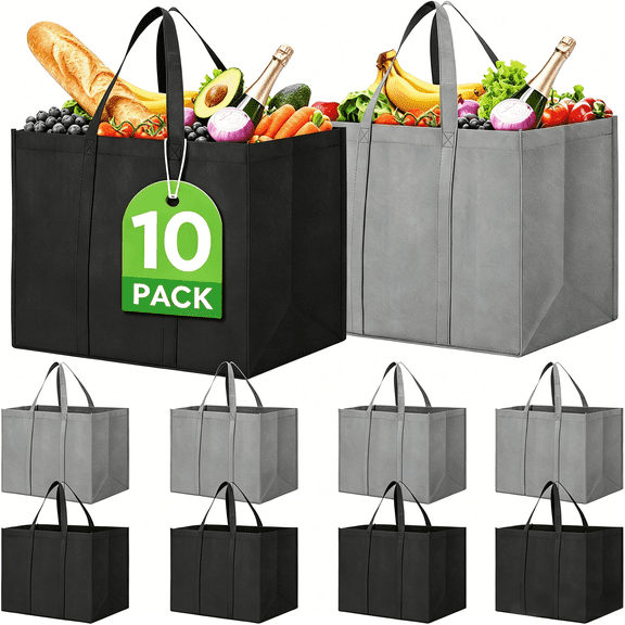 Reusable Grocery Shopping Bags 10 Pack Large Foldable Tote Bags Bulk, Eco Produce Bags with Long Handle for Shopping Groceries Clothes (Grey&Black)