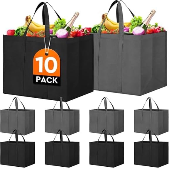 Reusable Grocery Shopping Bags 10 Pack Large Foldable Tote Bags Bulk, Long Handle for Shopping Groceries Clothes (Dark Grey & Black)