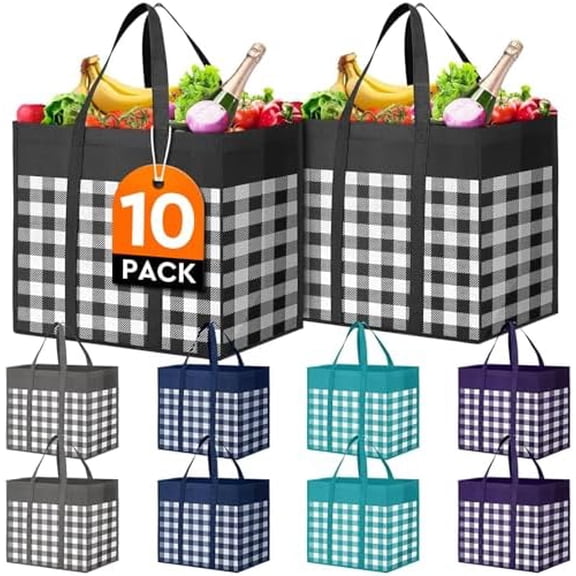 Reusable Grocery Shopping Bags 10 Pack Large Foldable Tote Bags Bulk, Long Handle for Shopping Groceries Clothes (Plaid A)