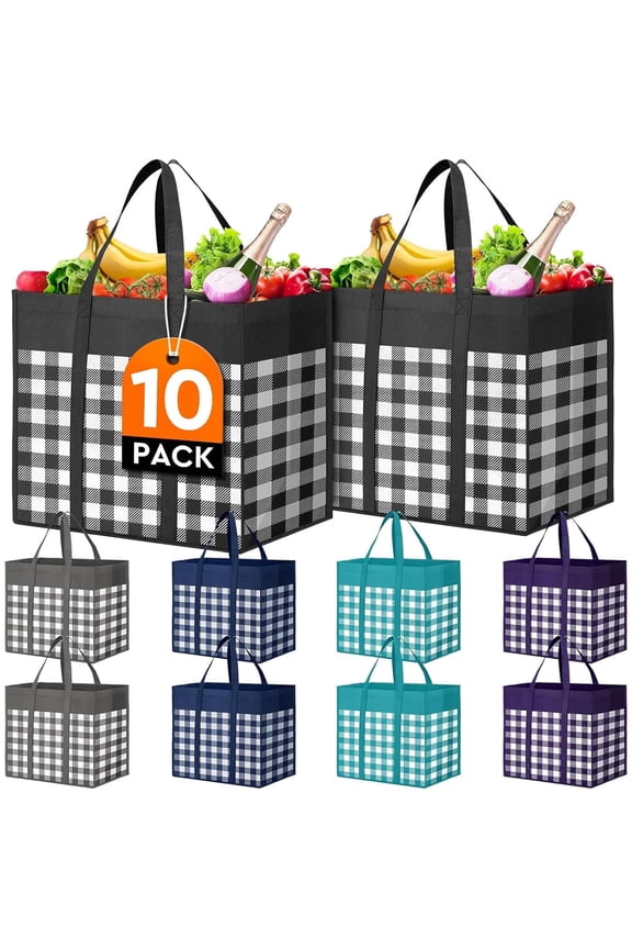 Reusable Grocery Shopping Bags 10 Pack Large Foldable Tote Bags Bulk, Long Handle for Shopping Groceries Clothes (Plaid A)