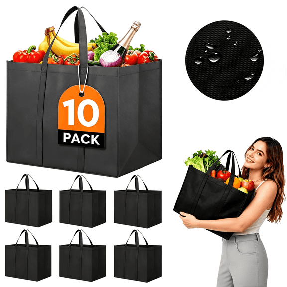 Reusable Grocery Shopping Bags 10 Pack Large Foldable Tote Bags Bulk, with Long Handle for Shopping Groceries Clothes (Black)