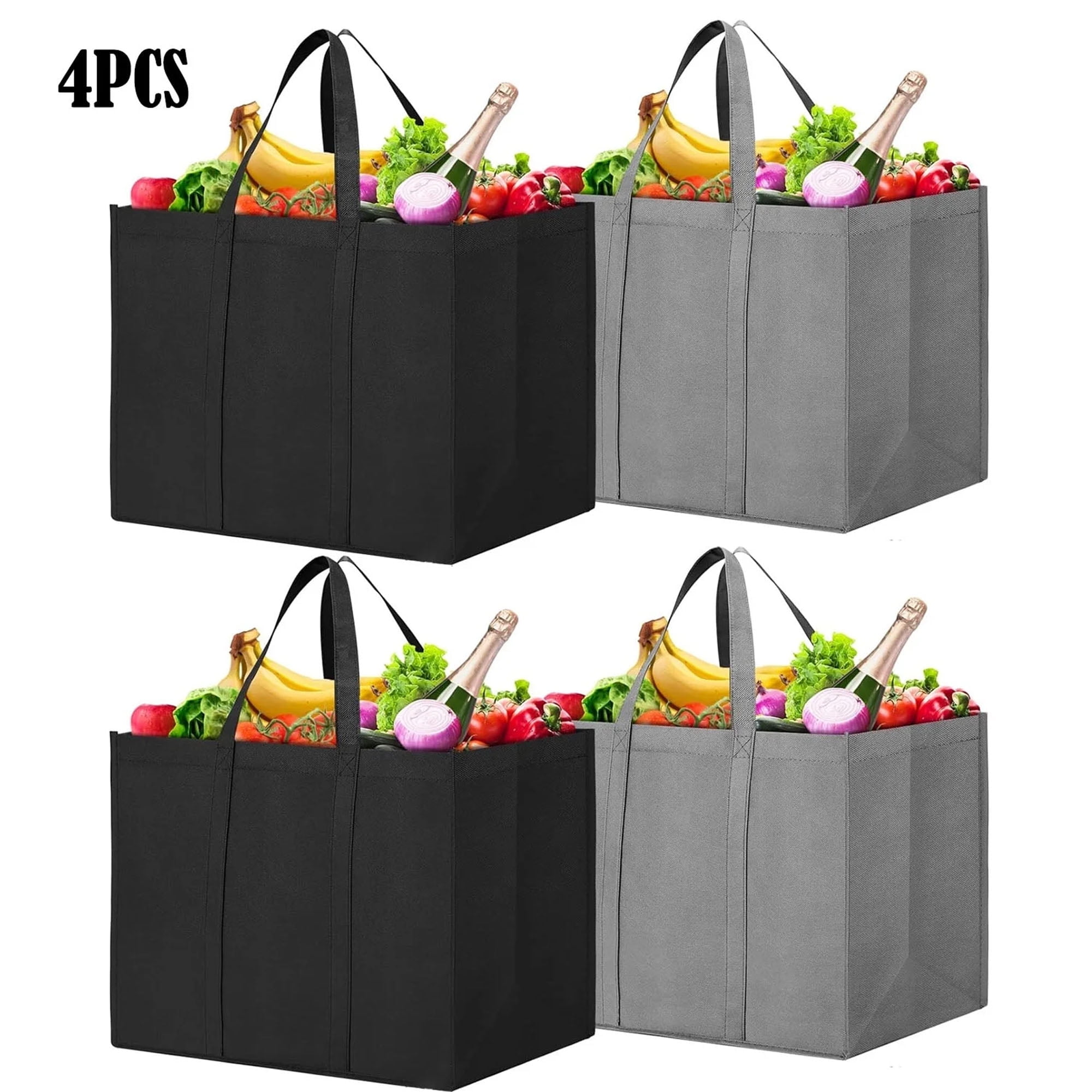 Reusable Grocery Shopping Bags 4 Pack Large Foldable Tote Bags Bulk, Eco Produce Bags with Long Handle for Shopping Groceries Clothes (Grey&Black)
