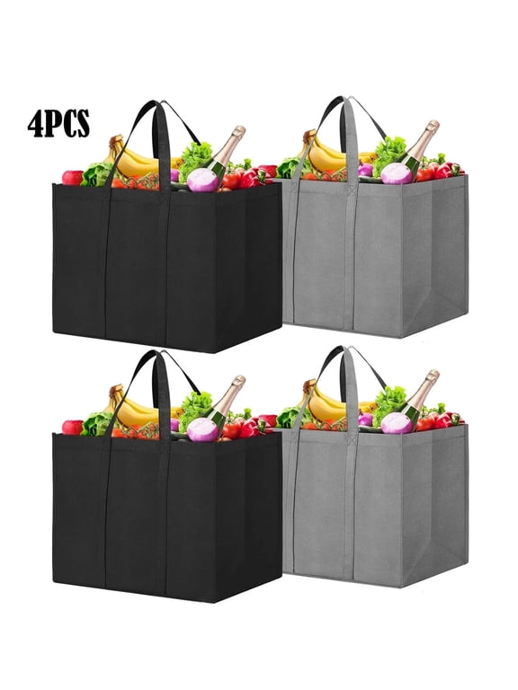 Reusable Grocery Shopping Bags 4 Pack Large Foldable Tote Bags Bulk, Eco Produce Bags with Long Handle for Shopping Groceries Clothes (Grey&Black)