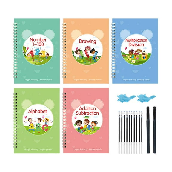 Reusable Grooved Handwriting Practice Books,Magic Grooved Handwriting Practice,Workbooks Number Letter Tracing,Magic Practice Copybook with Disappearing Ink Pens Pencil Grips