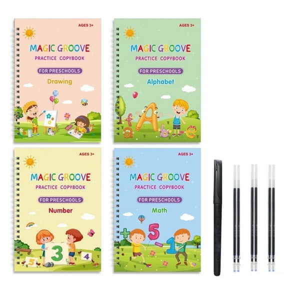 Reusable Grooved Handwriting Workbooks,Reusable Copybook, Writing Practice Copy Books for Preschools Grooves Template Design and Handwriting Aid Practice for Age 3-8 (4 Books with Pens)