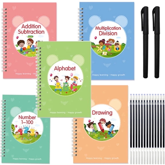 Reusable Grooved Practice Copybook with Pens,Bexikou Reusable Writing Practice Books,Groove Reusable Handwriting Workbooks,Tracing Letters Numbers, Math, Kindergarten Sight Words for Kids Ages 3-8