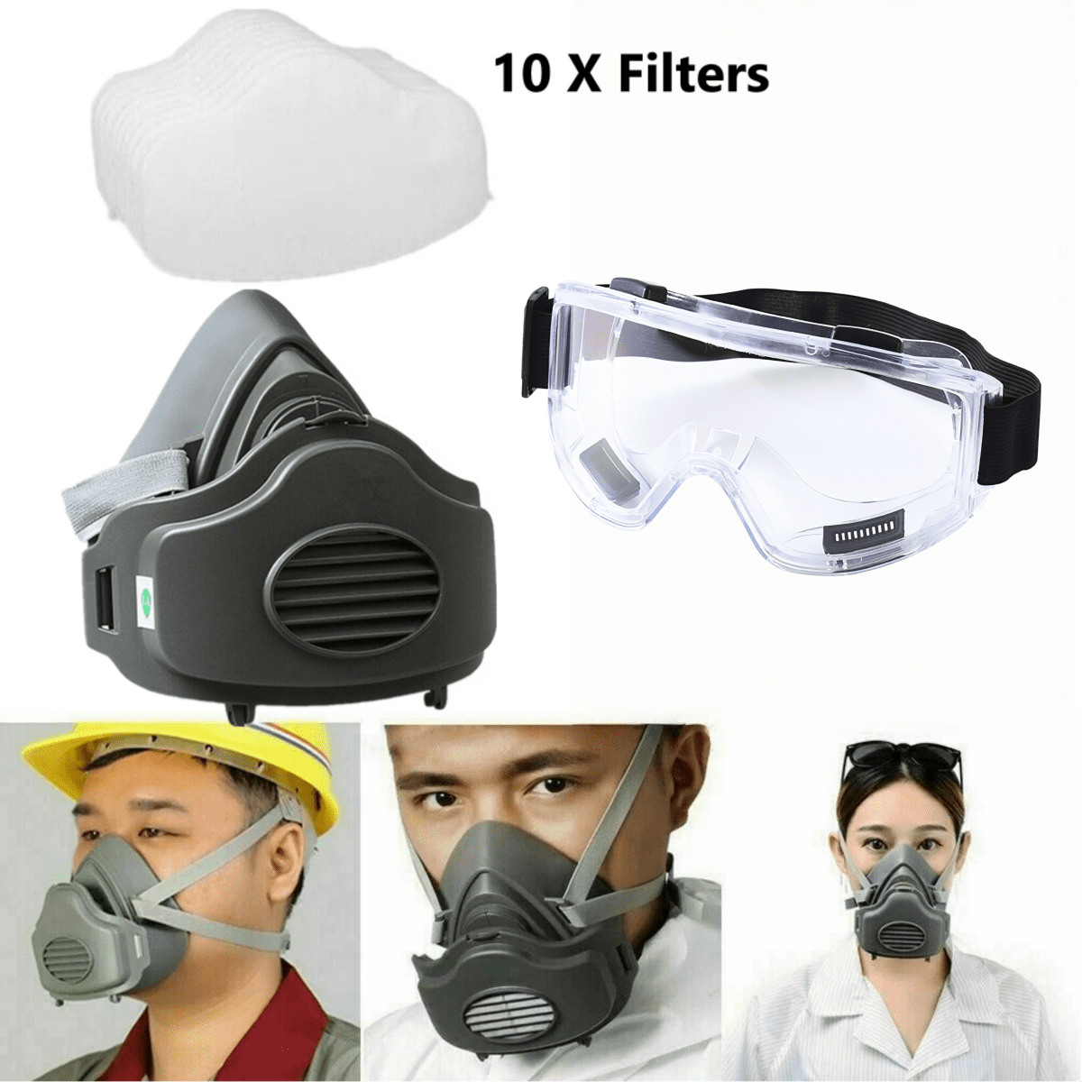Reusable Half Face Cover Respirator Dust Mask W/10 Replaceable Filters and Goggles for Woodworking Painting Welding