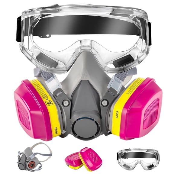 Pechvin Reusable Half Face Cover Respirator, Safety Goggles and Dual Filters, 99.97% Filtration Rate