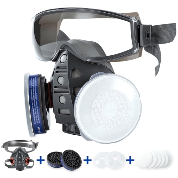 Reusable Half Face Respirator Mask with Safety Goggles, Organic Vapor & Particulate Filters for Painting, Sanding, Welding & Construction