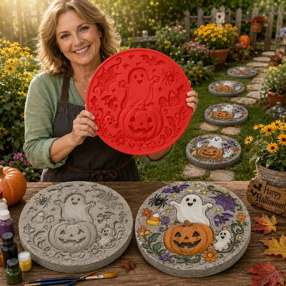 Reusable Halloween Stepping Stone Mold,15.7 Inch DIY Circular Pathway Paver Silicone Mould with Ghost & Pumpkin,Handmade Craft Supplies For Garden Walkway Decor & Family Art Project