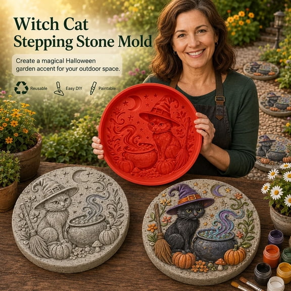 Reusable Halloween Stepping Stone Mold, 15.7inch Circular Pedal Concrete Cement Garden and Sidewalk Pouring Plastic Concrete Silicone, DIY Garden Path Paver Mold