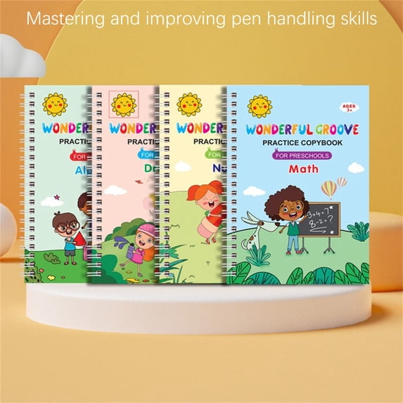 Reusable Handwriting Practice Book for Ki-ds, 4 in 1 Presch-ool Workbook Set with Pen - Alphabet Numbers Drawing Pen Control Tracing, Ages 3 4 5 6