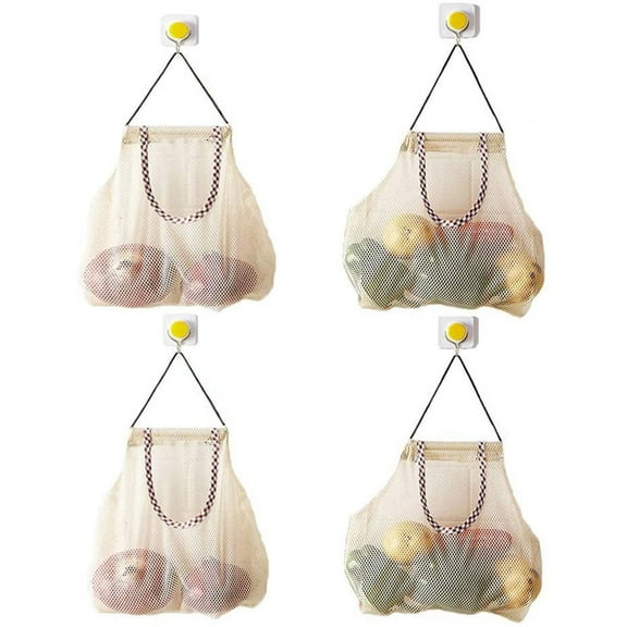 Reusable Hanging Storage Mesh Bags Durable & SFruit and Vegetable Mesh Bags/Pulling resistance Storage Tote Bags for Garlics, Potatoes, Onions or Garbage Bag Clear 4Pcs