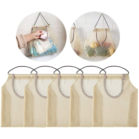 Reusable Hanging Storage Mesh Bags - Durable & Strong Fruit and Vegetable Mesh Bags/Pulling resistance Storage Tote Bags for Garlics, Potatoes, Onions or Garbage Bag-Clear,5PCS
