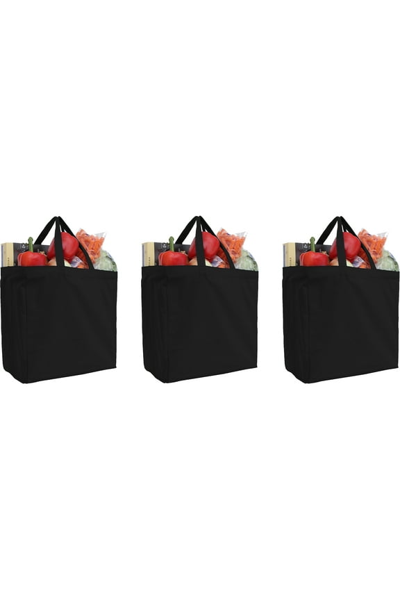 Reusable Heavy Duty 100% Cotton Canvas Grocery Bags | Pack of 3 | With Strong Handles Holds up to 50lbs | Eco Friendly | Large Size 14x14x7.5" - Black