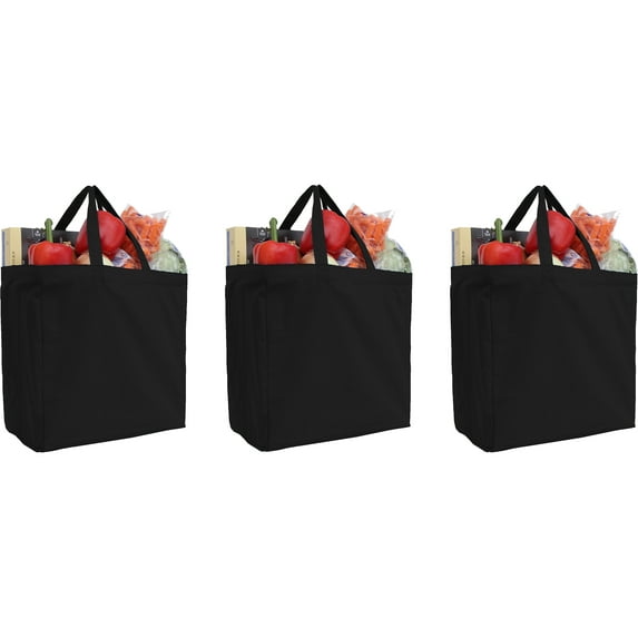 Reusable Heavy Duty 100% Cotton Canvas Grocery Bags | Pack of 3 | With Strong Handles Holds up to 50lbs | Eco Friendly | Large Size 14x14x7.5" - Black