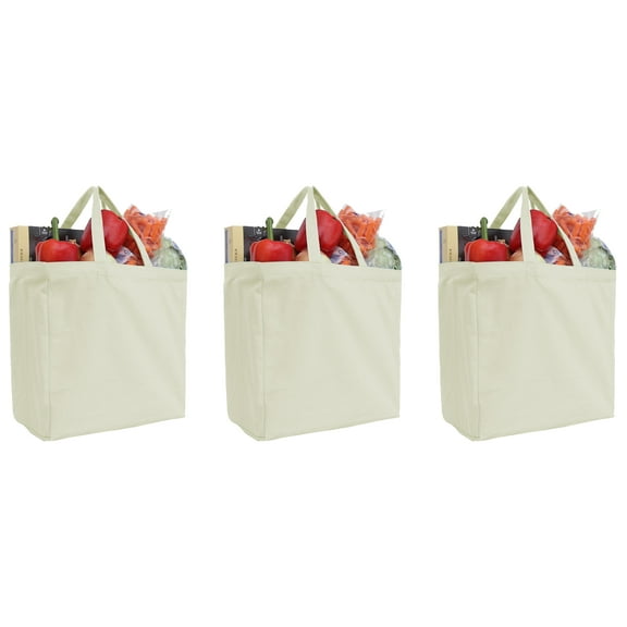 Reusable Heavy Duty 100% Cotton Canvas Grocery Bags | Pack of 3 | With Strong Handles Holds up to 50lbs | Eco Friendly | Large Size 14x14x7.5" - Natural