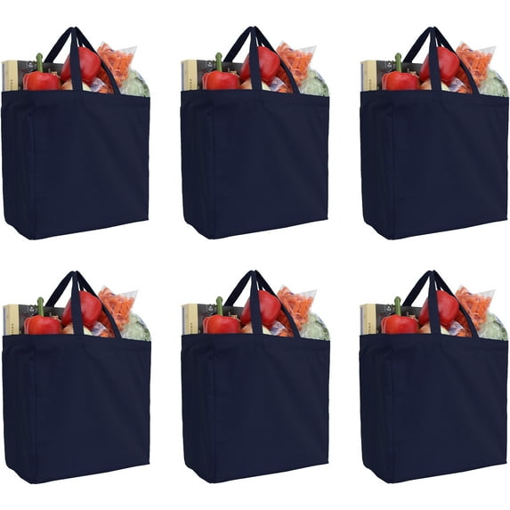 Reusable Heavy Duty 100% Cotton Canvas Grocery Bags | Pack of 6 | With Strong Handles Holds up to 50lbs | Eco Friendly | Large Size 14x14x7.5" - Navy