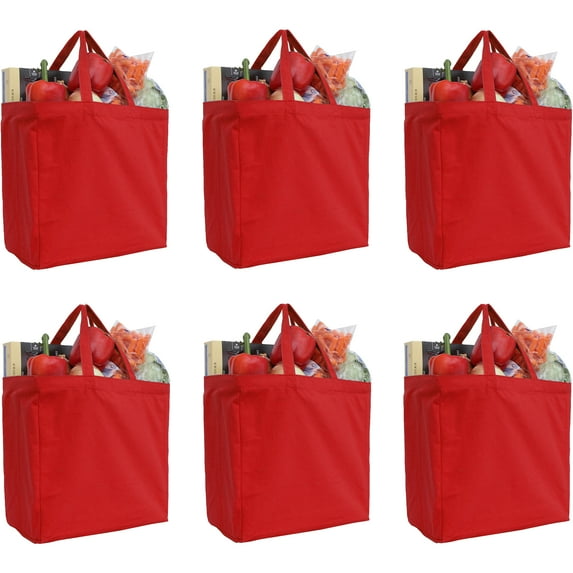 Reusable Heavy Duty 100% Cotton Canvas Grocery Bags | Pack of 6 | With Strong Handles Holds up to 50lbs | Eco Friendly | Large Size 14x14x7.5" - Red