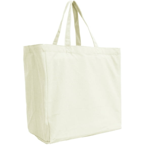 Reusable Heavy Duty 100% Cotton Canvas Grocery Bags | With Strong Handles Holds up to 50lbs | Eco Friendly | Large Size 14x14x7.5" - Natural
