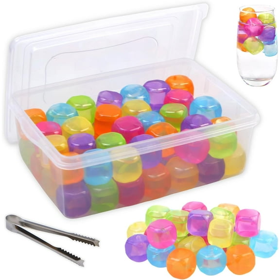 Reusable Ice Cube with Lid & Bin, 60 Pack Plastic Ice Cubes for Drinks BPA Free, Colorful Refreezable Square Ice Cubes for Water Bottles, Whiskey, Vodka, Coffee, Beer or Wine, Non-Diluting