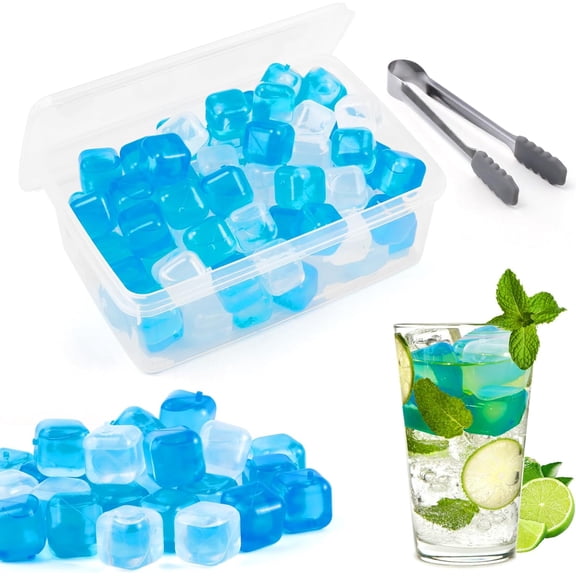 Reusable Ice Cubes, 60 Pack, Blue and White, Square | Refreezable Plastic Ice Cubes, Washable, Non-Melting, for Whiskey, Cocktails, Wine, Coffee, Beer