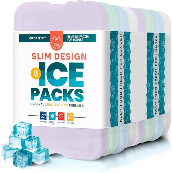 Reusable Ice Packs for Lunch Boxes - Long Lasting Slim Freezer Packs, Thin Non-Toxic BPA-Free Hard Gel Blocks Coolers, Kids & Adults Bags, Travel, Camping, Food Storage