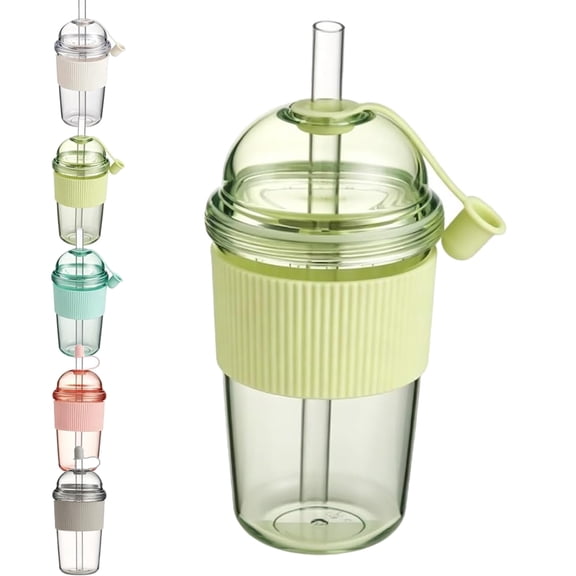 Reusable Iced Coffee Cups with Lids and Straws Cup Tumbler, Dome Top, Dust Cap, Ribbed Grip Sleeve, Volume Marks, Cold Brew, Juice, Tea